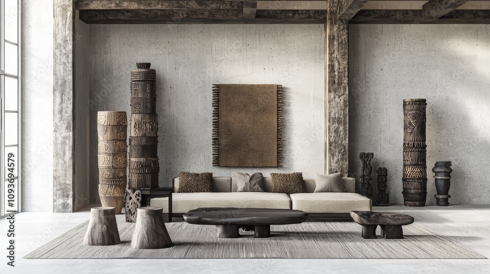 Modern-Tribal Fusion: Stylish Loft Interior Design with Exposed Beams and Artistic Handmade Crafts Modern-Tribal Fusion: Stylish Loft Interior Design with Exposed Beams and Artistic Handmade Crafts
