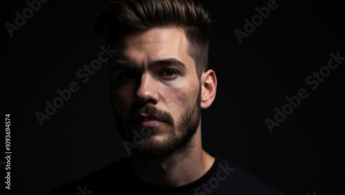 A close-up shot of a man with elegant small beard styles, captured in soft, moody lighting that brings out his sharp look.