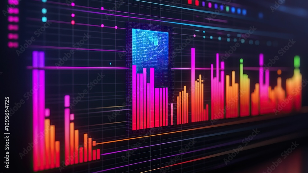music player audio and interactive concept, A vibrant data visualization with colorful bars representing statistics, set against a dark background, suggesting analysis and digital insights. music player audio and interactive concept, A vibrant data visualization with colorful bars representing statistics, set against a dark background, suggesting analysis and digital insights.
