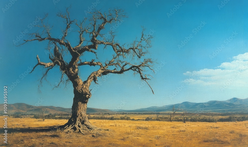 Barren Tree in a Dry Landscape Under Blue Sky Barren Tree in a Dry Landscape Under Blue Sky