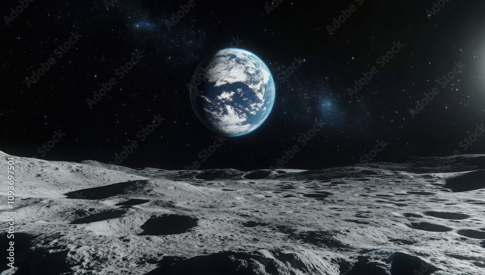 Earths distant view from the rocky surface of the moon in space.
Earths distant view from the rocky surface of the moon in space.