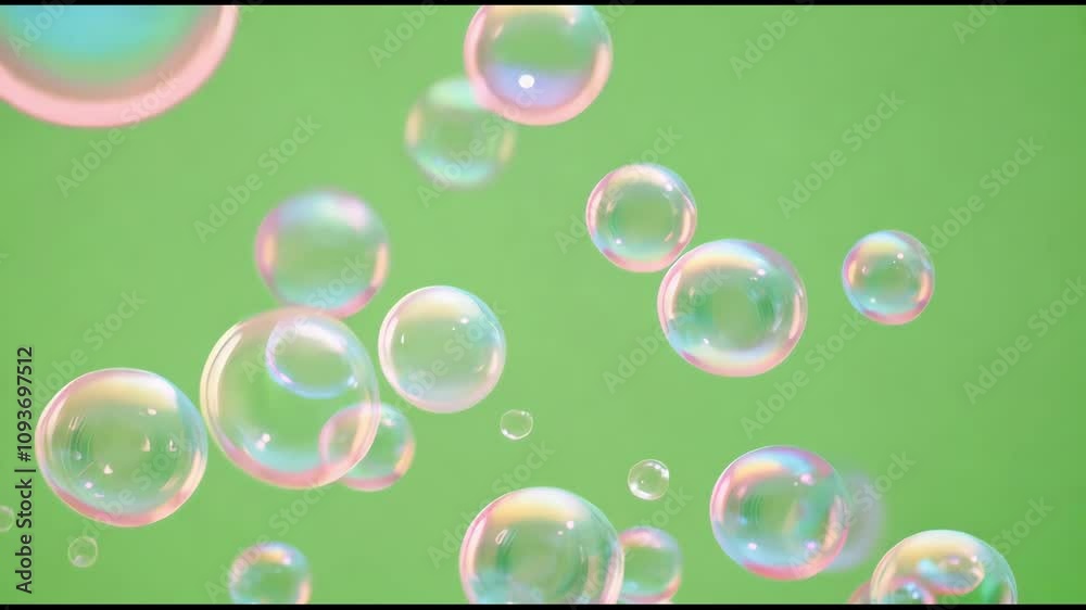 Soap bubbles flying up on chroma key green screen background