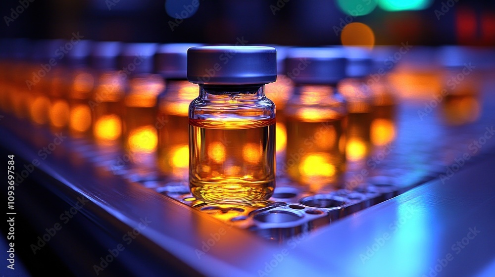 Amber vials of medication on a metallic tray. Amber vials of medication on a metallic tray.