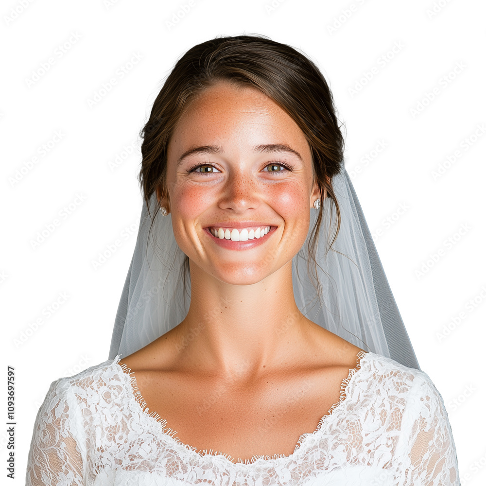 Bride with radiant smile in elegant wedding dress on transparent background Bride with radiant smile in elegant wedding dress on transparent background