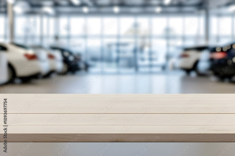 Blurred background of a car wash with a focus on a wooden table, highlighting cleaning supplies neatly arranged, creating a functional and organised workspace Blurred background of a car wash with a focus on a wooden table, highlighting cleaning supplies neatly arranged, creating a functional and organised workspace