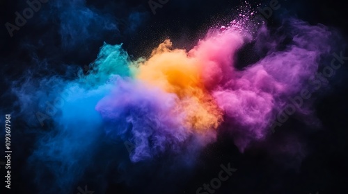 Vibrant explosion of multicolored powder against a dark background. Shades of teal, purple, orange, and pink create a dramatic, artistic effect.