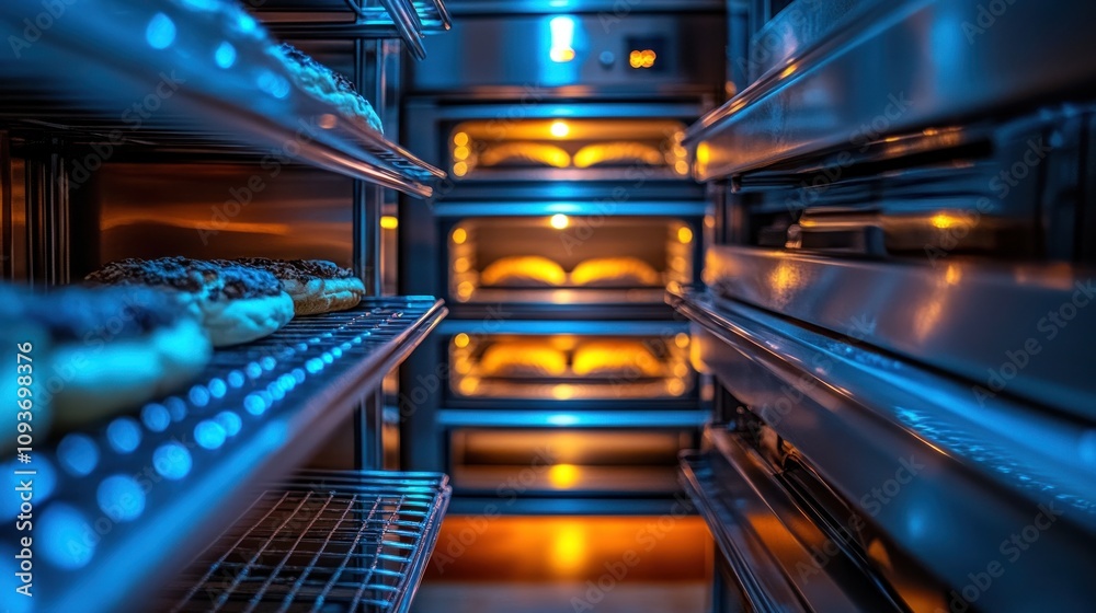 Bakery interior with ovens and pastries on shelves. Bakery interior with ovens and pastries on shelves.