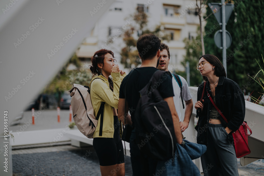 A group of young friends gather outdoors in a relaxed, urban environment, engaging in conversation and sharing a moment of connection. A group of young friends gather outdoors in a relaxed, urban environment, engaging in conversation and sharing a moment of connection.