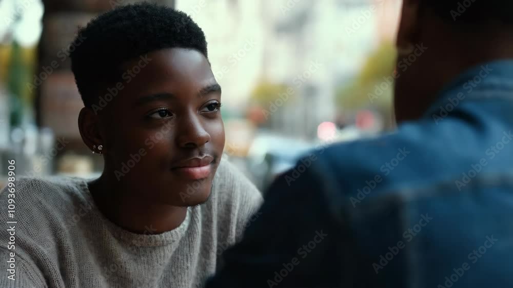 Two young Black adults engage in a deep conversation while enjoying their time at a café Two young Black adults engage in a deep conversation while enjoying their time at a café