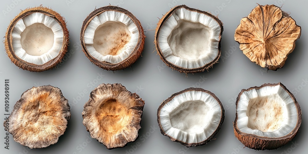 Eight Coconut Halves, Some With Shell, Some Without, Against a Grey Background