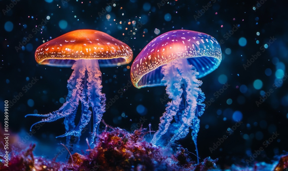 Naklejka premium Colorful magic jellyfish-mushroom, world dark, space background