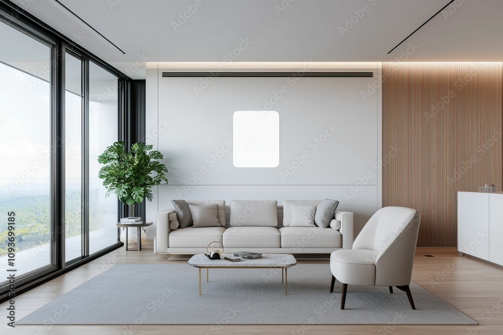 future hotel luxury and smart, A modern, minimalist living room featuring a light sofa, armchair, decorative plant, and large windows, allowing natural light and offering a scenic view. future hotel luxury and smart, A modern, minimalist living room featuring a light sofa, armchair, decorative plant, and large windows, allowing natural light and offering a scenic view.