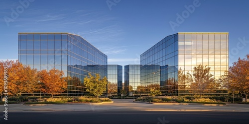 Modern Glass Office Building with Fall Foliage