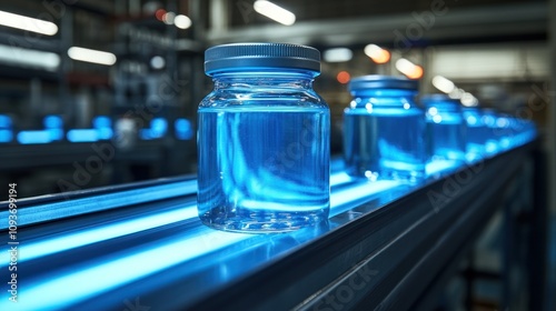 Blue liquid in jars on conveyor belt.