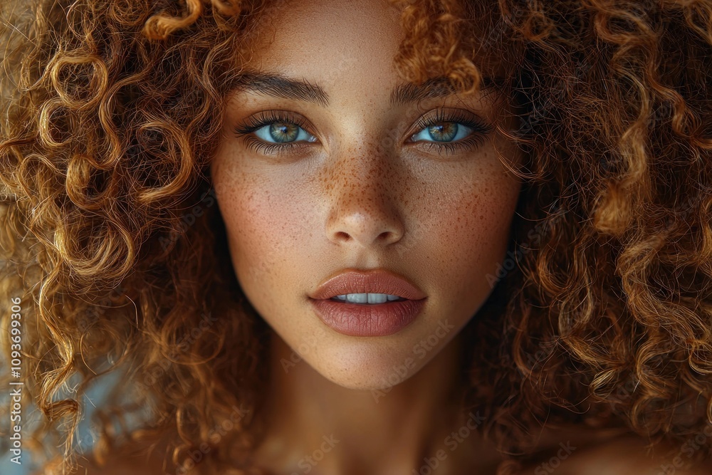 Close-up portrait of a woman with curly red hair and freckles