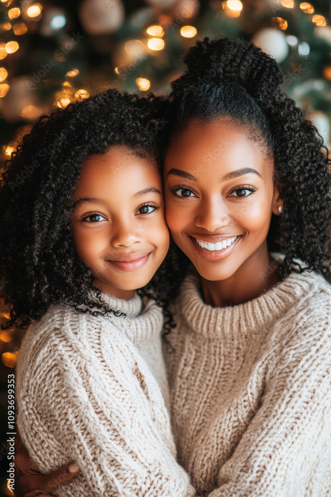 Mother and daughter posing for picture in front of Christmas tree Mother and daughter posing for picture in front of Christmas tree
