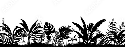 Meadow with grass. Image of black silhouette isolated on white background. composition seamless. Vector tropical landscape. Plants in jungle. Southern thickets.