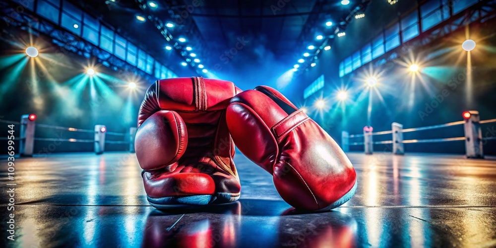 Tilt-Shift Photography of Colorful Punch Gloves on a Gym Floor with Dramatic Lighting and Depth of Field for Boxing and Fitness Enthusiasts Tilt-Shift Photography of Colorful Punch Gloves on a Gym Floor with Dramatic Lighting and Depth of Field for Boxing and Fitness Enthusiasts