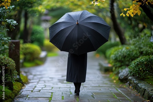 Person walking with black umbrella on stone path in a lush garden during autumn afternoon photo