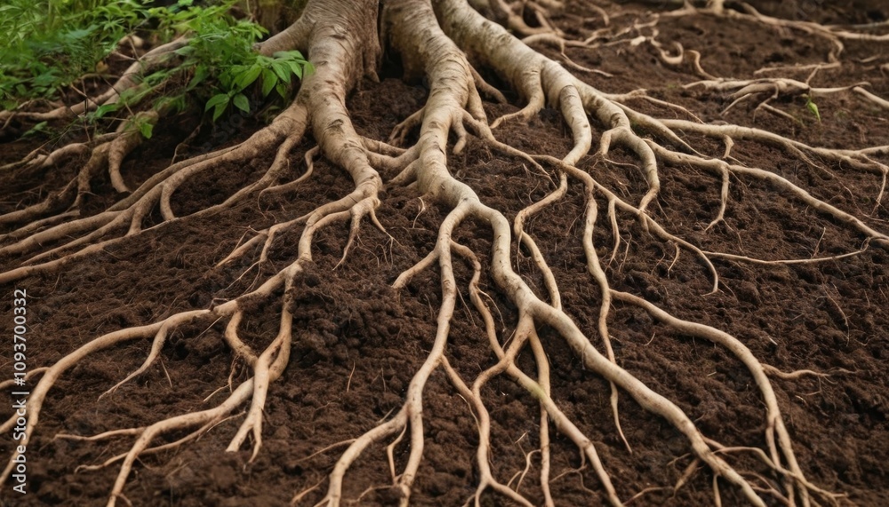 An artistic composition of soil with vibrant plant roots intertwined, highlighting growth An artistic composition of soil with vibrant plant roots intertwined, highlighting growth