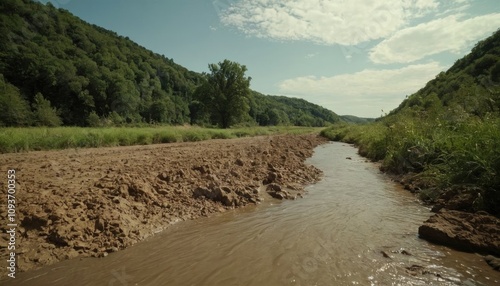 A dramatic shot of soil erosion along a riverbank, showcasing environmental impact