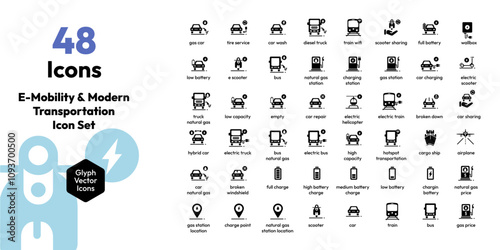 E-Mobility & Modern Transportation Icon Set – Comprehensive Transit Collection for Cars, Planes, Public & Private Transport