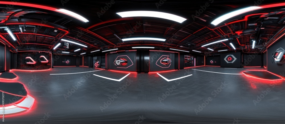 Empty Futuristic Room with Red and White Neon Lights Empty Futuristic Room with Red and White Neon Lights