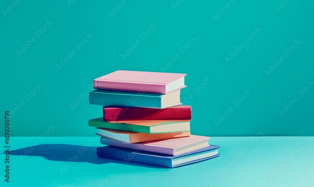 Colorful Stack of Books and Notebooks on a Teal Background Colorful Stack of Books and Notebooks on a Teal Background