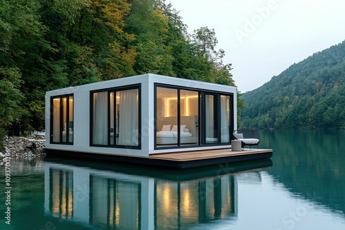 future hotel luxury and smart, A modern floating cabin nestled by calm waters, surrounded by lush greenery, offering a serene retreat in nature.