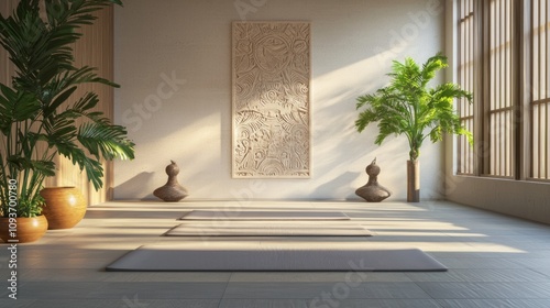 Modern-Tribal Home Gym Interior Design with Vibrant Decor and Natural Light | 3D Render Illustration