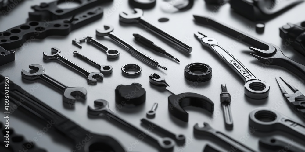 Fototapeta premium A close-up shows various tools scattered on a surface: pliers, wrenches, screwdrivers, clamps, and hex keys. They're black and white.
