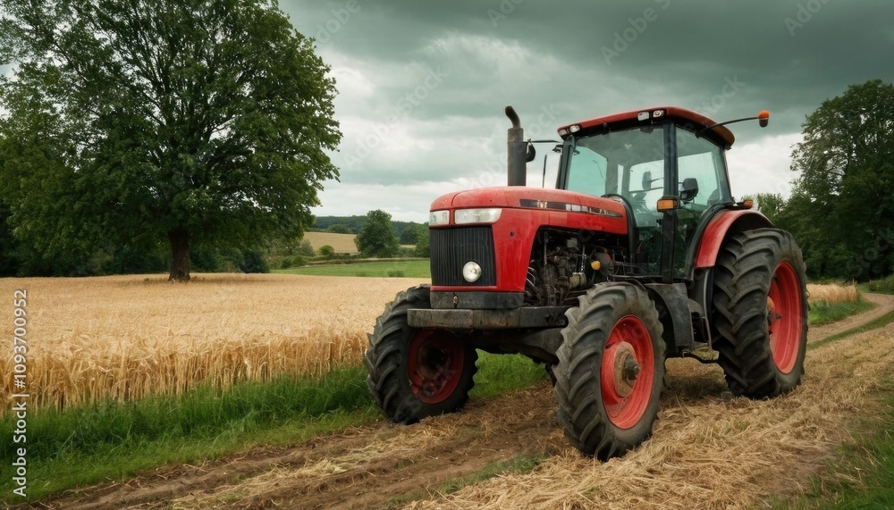 An artistic representation of a tractor in a rural landscape, emphasizing its function An artistic representation of a tractor in a rural landscape, emphasizing its function