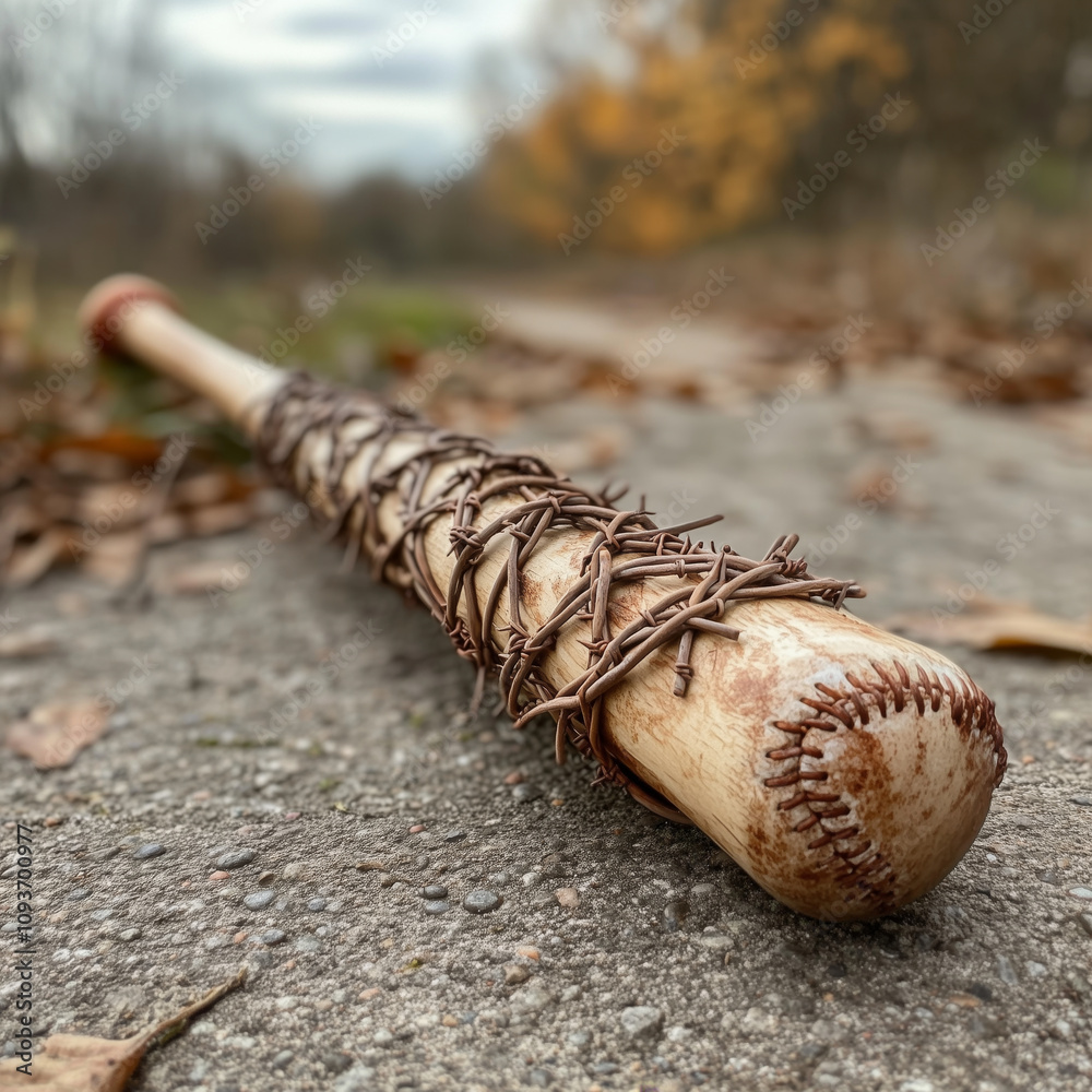 Barbed baseball bat on rural road in autumn setting depicting creative art concept Barbed baseball bat on rural road in autumn setting depicting creative art concept