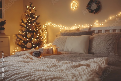 interior of bedroom decorated for Christmas with warm string lights, creating a cozy and festive atmosphere, minimal background with copy space