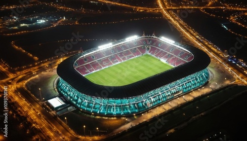 An aerial view of King Fahd International Stadium illuminated at night during a match