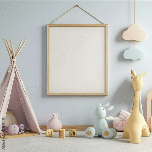 a childs room interior with an empty picture frame on the wall with dimensions 80cm to 80cm photo