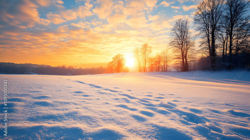 A winter sunrise over a vast snowy plain with golden light reflecting off the icy surface. A winter sunrise over a vast snowy plain with golden light reflecting off the icy surface.