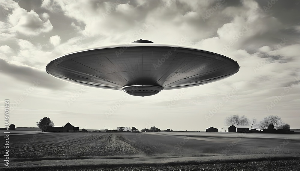 UFO over a field near rural buildings in black and white UFO over a field near rural buildings in black and white