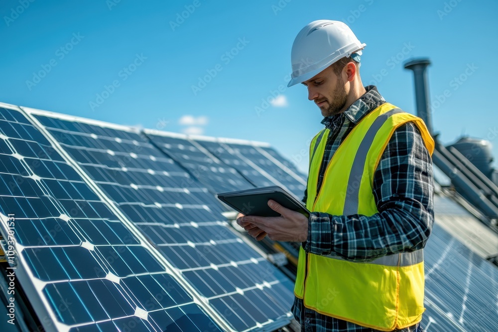 Solar panel technician inspecting installation while using tablet at rooftop site Solar panel technician inspecting installation while using tablet at rooftop site