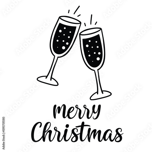 Vector illustration of two champagne or wine glasses. Doodle sketch of clinking glasses. 