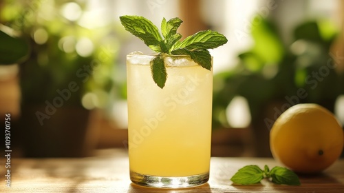 A tall glass of lemonade with ice and a sprig of mint, a lemon wedge sits beside the glass.