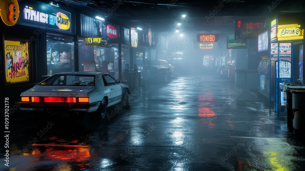 Retro 80s Arcade with Neon Lights and Gaming Machines Retro 80s Arcade with Neon Lights and Gaming Machines