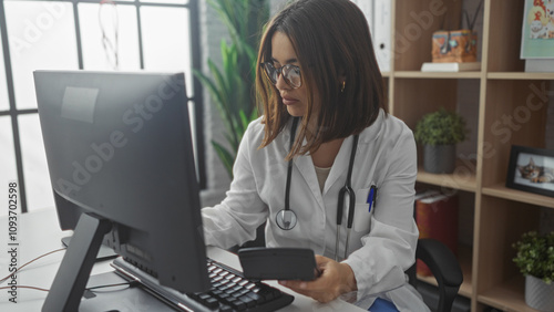 A hispanic female doctor in a white coat working on a computer in a clinic office, holding a tablet, indoors during the day.
