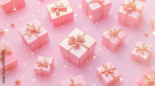 Pink Gift Boxes with Rose Gold Ribbons, Stars, and Sparkles on a Soft Blush Pink Background