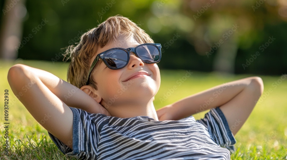 Boy Relaxing in Sunglasses on Green Grass Boy Relaxing in Sunglasses on Green Grass