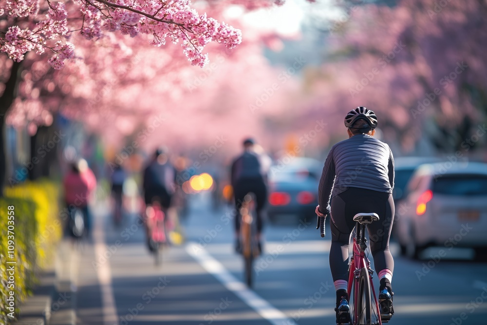 Naklejka premium Cyclist on scenic street surrounded by cherry blossoms