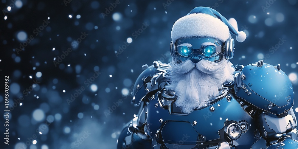 Futuristic Robot Santa with Sleek Blue Body, Silver Accents, Metallic Beard, and Glowing Blue Eyes