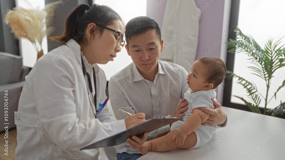 Doctor consulting father holding baby boy in a clinic, highlighting family care and support in a professional healthcare setting. Doctor consulting father holding baby boy in a clinic, highlighting family care and support in a professional healthcare setting.