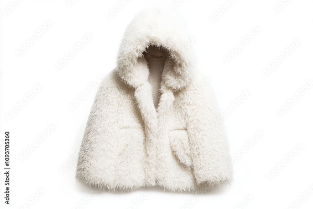 Front view of a white faux fur hooded jacket crafted from cruelty-free materials, displayed on a white background, perfect for mockups, retail branding, and sustainable fashion projects Front view of a white faux fur hooded jacket crafted from cruelty-free materials, displayed on a white background, perfect for mockups, retail branding, and sustainable fashion projects