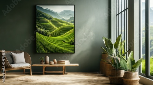 Stunning Vietnamese Rice Terrace Landscape: Emerald Green Layers and Distant Mountains in Soft Morning Light, Perfect for a Vertical Poster Display.